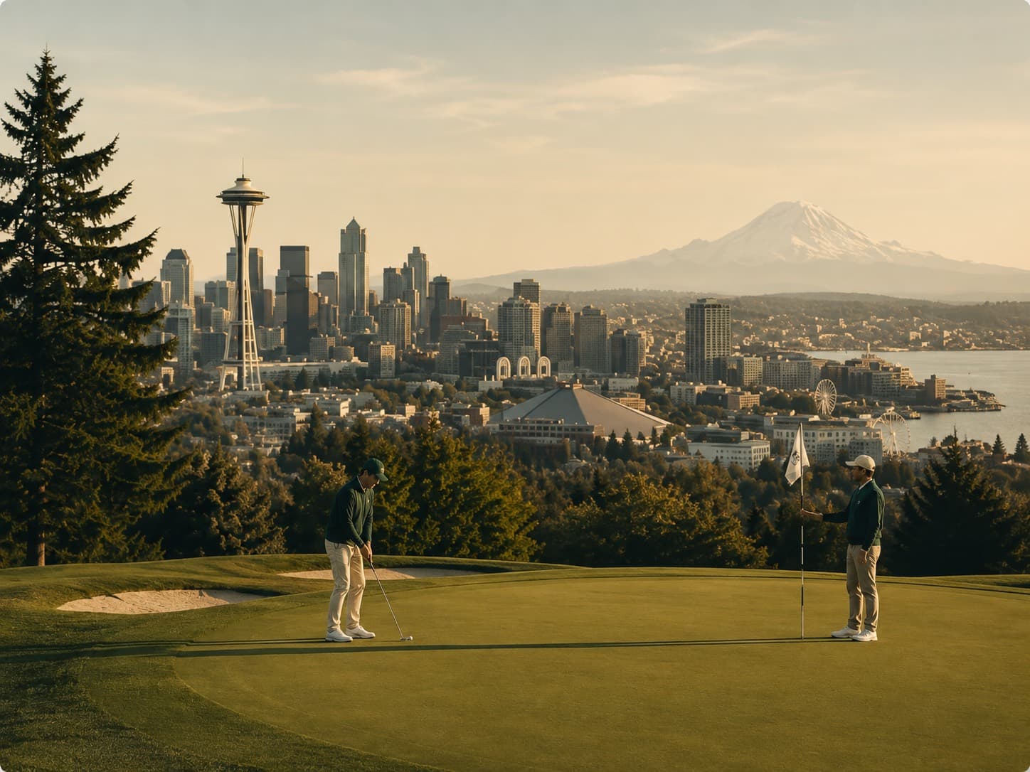 Seattle skyline behind a golf course